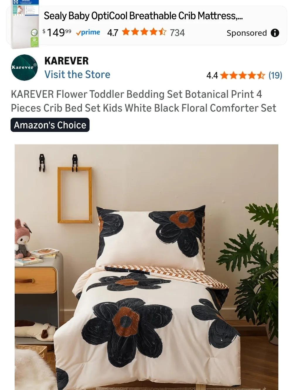 Toddler Bedding Set with Black and Brown Floral Motif New Without Packaging